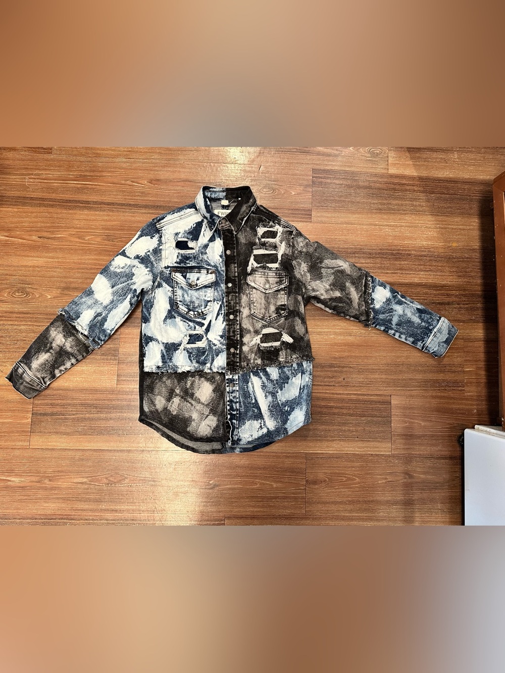 FWRD Denim Distressed Two-Tone Acid Wash Denim Shirt